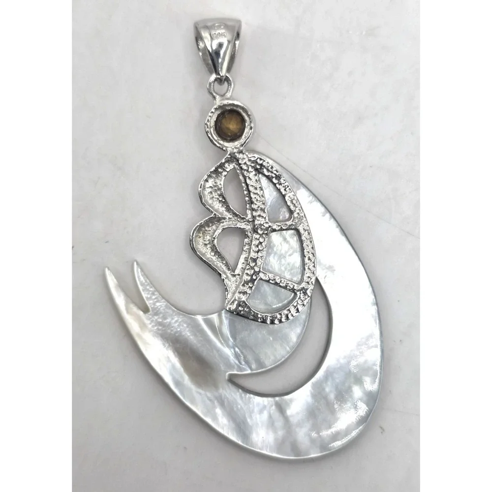 Mother of Pearl Wave Sterling Silver Letter‎ B CZ Pendent 2.5